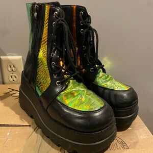 Holographic Green and Black Platform Boots